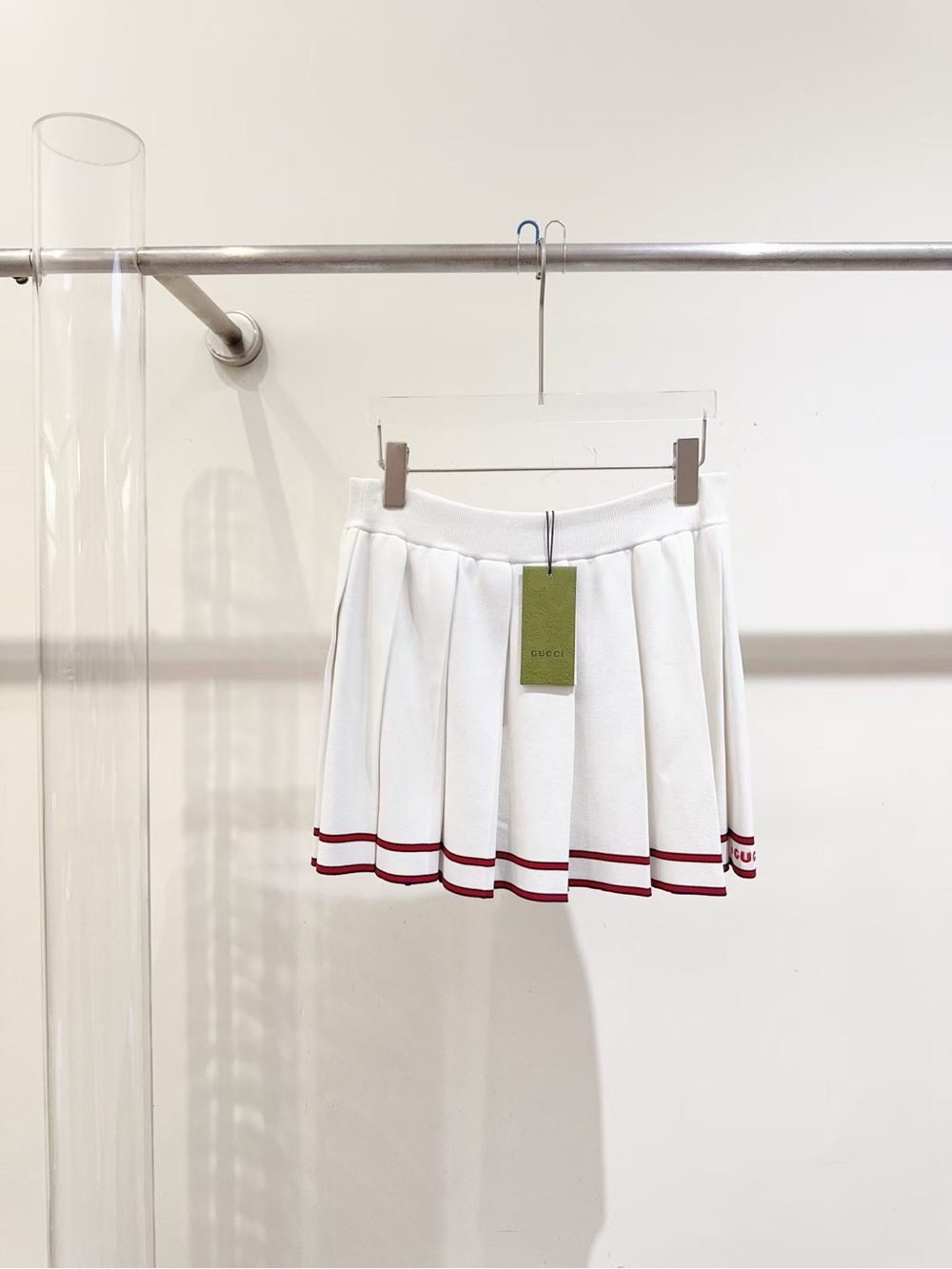 Gucci White Pleated Skater Mini Skirt with Red Hem Stripes